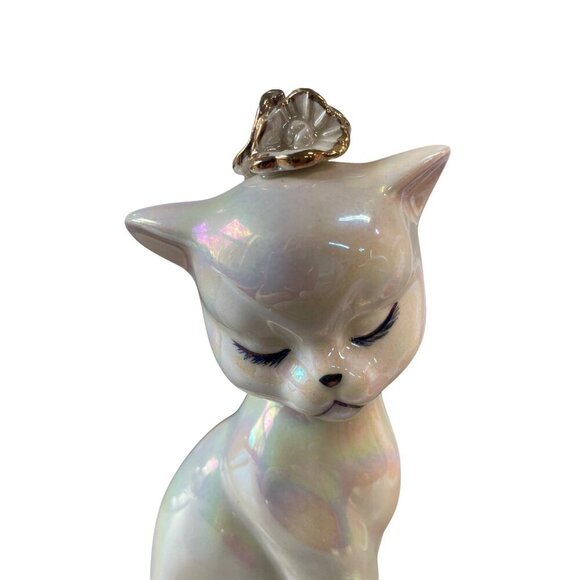 Vintage Ceramic Cat Figurine Lusterware Iridescent Finish Gold Crown Headpiece - Picture 2 of 9